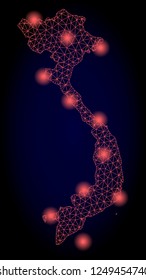 Mesh vector map of Vietnam with glare effect. Red abstract lines, light spots and points on a dark background with map of Vietnam.