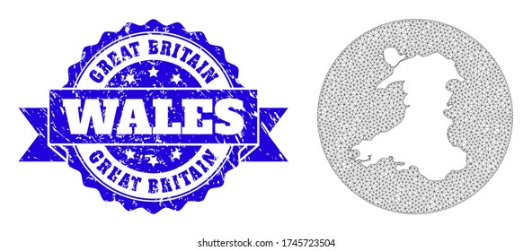 Mesh vector map of Wales with scratched seal stamp. Triangle mesh map of Wales is carved in a round shape. Blue rounded grunge seal stamp has ribbon.
