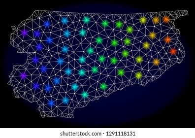Mesh vector map of Warmia-Masuria Province with glare effect on a dark background. Light spots have bright rainbow colors. Abstract lines, triangles,