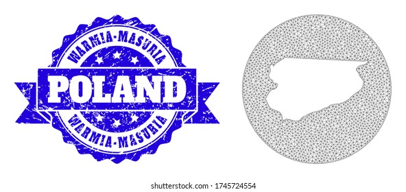 Mesh vector map of Warmia-Masuria Province with grunge watermark. Triangle mesh map of Warmia-Masuria Province is subtracted from a circle. Blue rosette grunge watermark has ribbon.