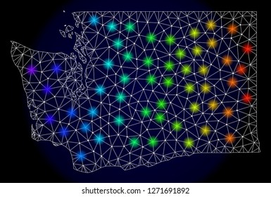Mesh vector map of Washington State with glare effect. Light spots have bright spectrum colors. Abstract lines, triangles, light spots and points on a dark background with map of Washington State.