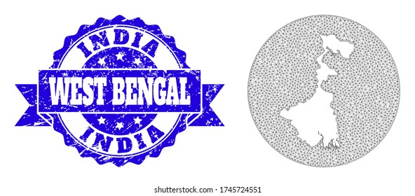 Mesh vector map of West Bengal State with grunge seal stamp. Triangle mesh map of West Bengal State is stencils in a round shape. Blue round textured seal stamp has ribbon.