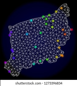 Mesh vector map of West Pomerania Province with glare effect. Light spots have bright rainbow colors. Abstract lines, triangles,