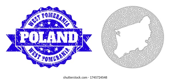 Mesh vector map of West Pomerania Province with grunge seal stamp. Triangle mesh map of West Pomerania Province is carved in a circle. Blue round grunge seal has ribbon.