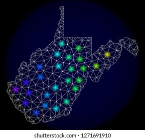 Mesh vector map of West Virginia State with glare effect. Light spots have bright spectrum colors. Abstract lines, triangles,