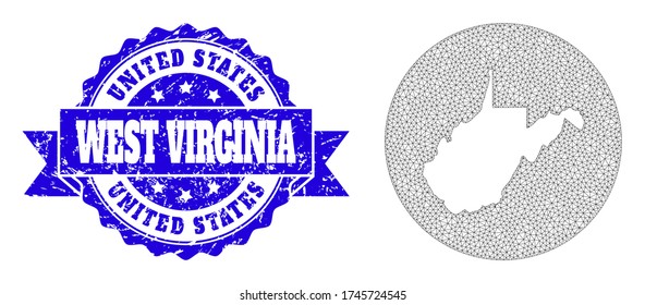 Mesh vector map of West Virginia State with scratched seal stamp. Triangular network map of West Virginia State is cut out from a round shape. Blue rounded distress seal stamp with ribbon.