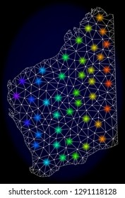 Mesh vector map of Western Australia with glare effect on a dark background. Light spots have bright spectrum colors. Abstract lines, triangles, light spots and points forms map of Western Australia.