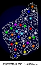 Mesh vector map of Western Australia with glare effect on a dark background. Abstract lines, triangles, light colorful spots and points forms map of Western Australia.