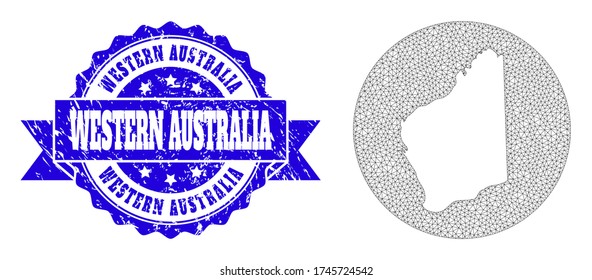 Mesh vector map of Western Australia with scratched seal. Triangle mesh map of Western Australia is stencils in a round shape. Blue round grunge seal with ribbon.