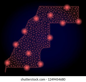 Mesh vector map of Western Sahara with glare effect. Red abstract lines, light spots and points on a dark background with map of Western Sahara.
