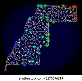 Mesh vector map of Western Sahara with glare effect. Light spots have bright rainbow colors. Abstract lines, triangles, light spots and points on a dark background with map of Western Sahara.