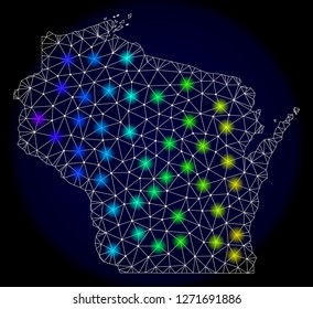 Mesh vector map of Wisconsin State with glare effect. Light spots have bright spectrum colors. Abstract lines, triangles, light spots and points on a dark background with map of Wisconsin State.