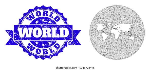 Mesh Vektorkarte der Welt mit zerkratztem Robbenstempel. Die dreieckige Maschenkarte der Welt wird von einer runden Form abgezogen. Blaue rund kratzte Robbe mit Band.