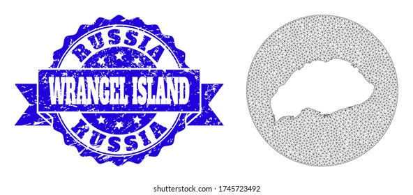 Mapa vectorial de malla de la isla de Wrangel con foca rayada. El mapa de malla triangular de la isla de Wrangel es un agujero en un círculo. Sello de sello azul redondeado y rayado con cinta.