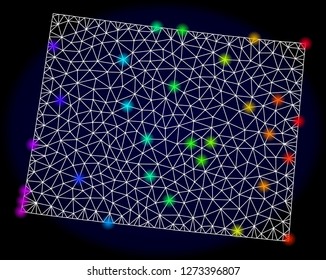 Mesh vector map of Wyoming State with glare effect. Light spots have bright spectrum colors. Abstract lines, triangles, light spots and points on a dark background with map of Wyoming State.