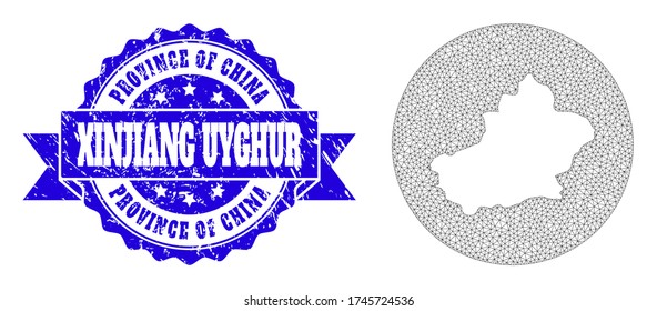 Mesh vector map of Xinjiang Uyghur Region with scratched seal. Triangular network map of Xinjiang Uyghur Region is a hole in a round shape. Blue round scratched seal has ribbon.