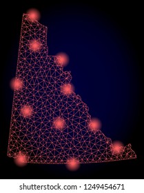 Mesh vector map of Yukon Province with glare effect. Red abstract lines, light spots and points on a dark background with map of Yukon Province.