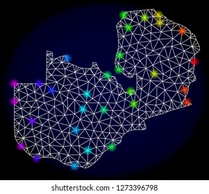 Mesh vector map of Zambia with glare effect. Light spots have bright rainbow colors. Abstract lines, triangles, light spots and points on a dark background with map of Zambia.