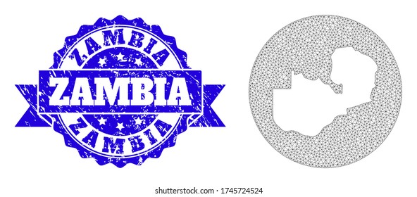 Mesh vector map of Zambia with scratched stamp. Triangle mesh map of Zambia is stencils in a round shape. Blue rosette scratched seal stamp with ribbon.