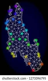 Mesh vector map of Zanzibar Island with glare effect. Light spots have bright rainbow colors. Abstract lines, triangles, light spots and points on a dark background with map of Zanzibar Island.