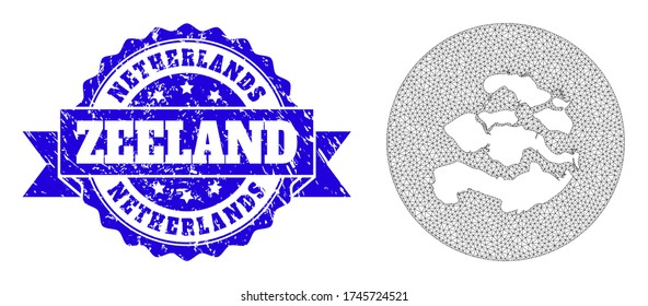 Mesh vector map of Zeeland Province with grunge stamp. Triangle network map of Zeeland Province is stencils in a circle. Blue round grunge seal stamp with ribbon.