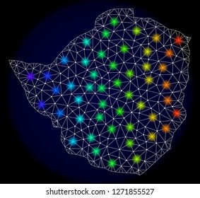 Mesh vector map of Zimbabwe with glare effect. Light spots have bright spectrum colors. Abstract lines, triangles, light spots and points on a dark background with map of Zimbabwe.