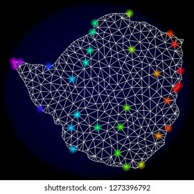 Mesh vector map of Zimbabwe with glare effect. Light spots have bright rainbow colors. Abstract lines, triangles, light spots and points on a dark background with map of Zimbabwe.