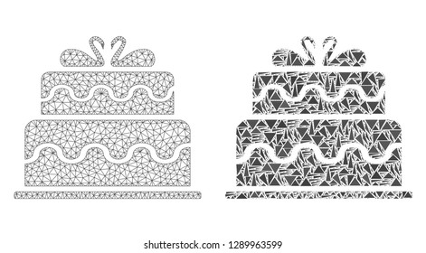 Mesh vector marriage cake with flat mosaic icon isolated on a white background. Abstract lines, triangles, and points forms marriage cake icons.