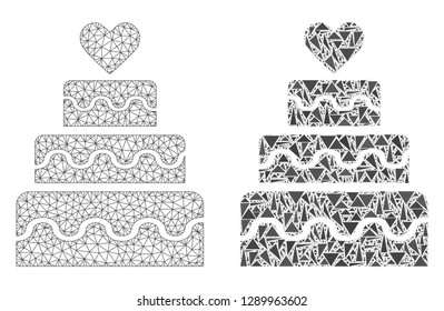 Mesh vector marriage cake with flat mosaic icon isolated on a white background. Abstract lines, triangles, and points forms marriage cake icons. Wire frame flat polygonal linear mesh in vector format,