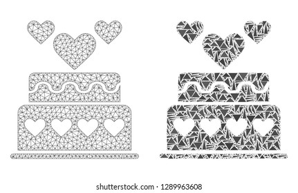 Mesh vector marriage cake with flat mosaic icon isolated on a white background. Abstract lines, triangles, and points forms marriage cake icons.