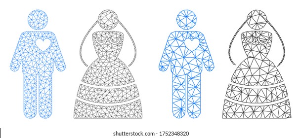 Mesh vector marriage persons icon. Mesh wireframe marriage persons image in low poly style with structured triangles, points and lines. Mesh concept of triangulated marriage persons,