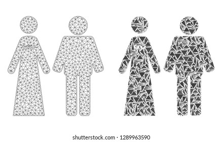 Mesh vector married groom and bribe with flat mosaic icon isolated on a white background. Abstract lines, triangles, and points forms married groom and bribe icons.