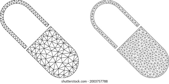 Mesh vector medical capsule icons. Mesh wireframe medical capsule images in low poly style with combined triangles, dots and lines. Mesh concept of triangulated medical capsule, on a white background.