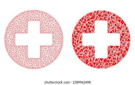 Mesh vector medical cross with flat mosaic icon isolated on a white background. Abstract lines, triangles, and points forms medical cross icons.