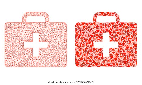 Mesh vector medical kit case with flat mosaic icon isolated on a white background. Abstract lines, triangles, and points forms medical kit case icons.