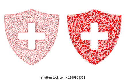 Mesh vector medical shield with flat mosaic icon isolated on a white background. Abstract lines, triangles, and points forms medical shield icons.