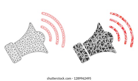 Mesh vector megaphone with flat mosaic icon isolated on a white background. Abstract lines, triangles, and points forms megaphone icons. Wire carcass flat polygonal linear network in vector format,