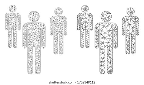 Mesh vector men figures icon. Mesh carcass men figures image in low poly style with combined triangles, dots and linear items. Mesh illustration of triangulated men figures, on a white background.