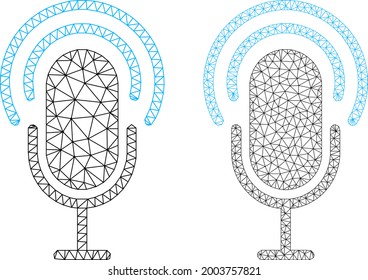 Mesh vector microphone icons. Mesh wireframe microphone images in low poly style with structured triangles, nodes and lines. Mesh model of triangulated microphone, on a white background.