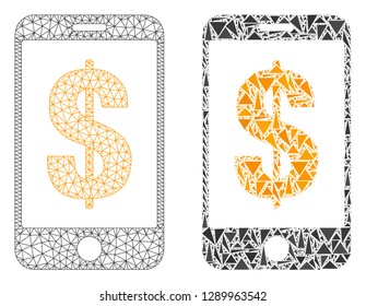Mesh vector mobile dollar bank with flat mosaic icon isolated on a white background. Abstract lines, triangles, and points forms mobile dollar bank icons.