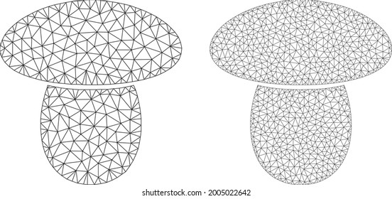 Mesh Vektorpilzsymbole. Bilder von Maschenkarkasselpilzen im Low-Poly-Stil mit organisierten Dreiecken, Punkten und Linien. Mesh-Komposition von trianguliertem Pilz auf weißem Hintergrund.