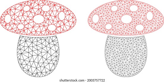 Mesh vector mushroom icons. Mesh wireframe mushroom images in low poly style with connected triangles, points and lines. Mesh model of triangulated mushroom, on a white background.