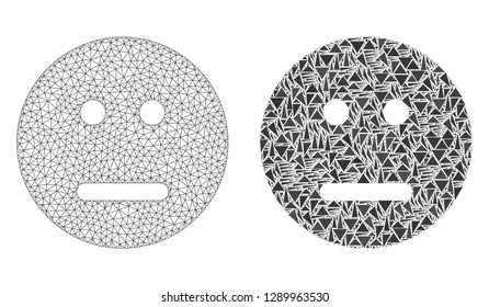 Mesh vector neutral emoticon with flat mosaic icon isolated on a white background. Abstract lines, triangles, and points forms neutral emoticon icons.