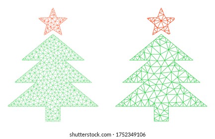 Mesh vector new year tree icon. Mesh wireframe new year tree image in lowpoly style with structured triangles, nodes and lines. Mesh model of triangulated new year tree, on a white background.