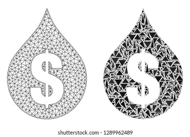 Mesh vector oil drop price with flat mosaic icon isolated on a white background. Abstract lines, triangles, and points forms oil drop price icons. Wire frame flat polygonal line mesh in vector format,