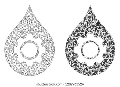 Mesh vector oil industry gear with flat mosaic icon isolated on a white background. Abstract lines, triangles, and points forms oil industry gear icons.