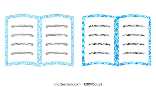 Mesh vector open book with flat mosaic icon isolated on a white background. Abstract lines, triangles, and points forms open book icons. Wire frame flat triangular line mesh in vector format,