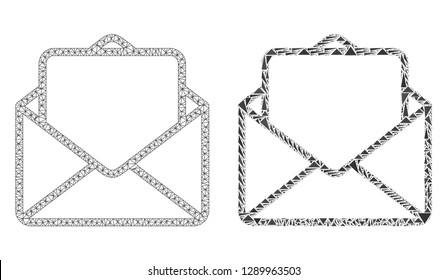Mesh vector open letter with flat mosaic icon isolated on a white background. Abstract lines, triangles, and points forms open letter icons. Wire carcass flat polygonal linear mesh in vector format,
