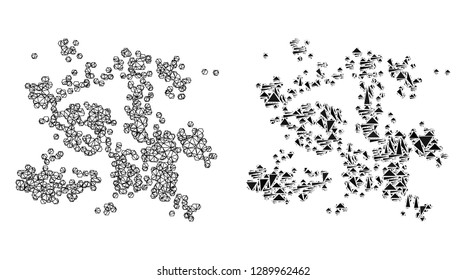 Mesh vector particle swarm with flat mosaic icon isolated on a white background. Abstract lines, triangles, and points forms particle swarm icons.