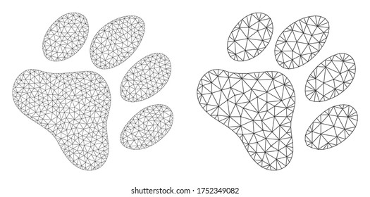 Mesh vector paw footprint icon. Mesh wireframe paw footprint image in lowpoly style with organized triangles, nodes and linear items. Mesh concept of triangulated paw footprint, on a white background.